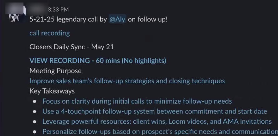 Internal sales channel, legendary follow-up call by Aly